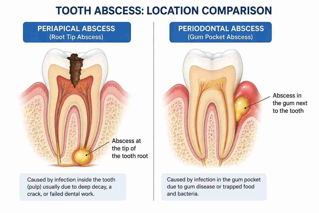 Diagram comparing periapical and periodontal tooth abscess locations