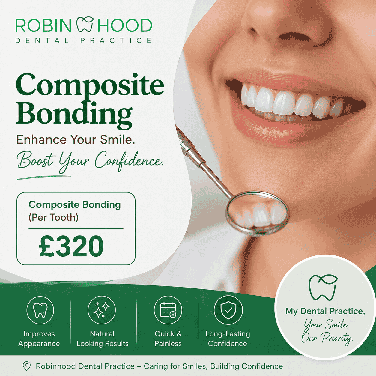 Affordable composite bonding pricing at Robinhood Dental Practice Birmingham