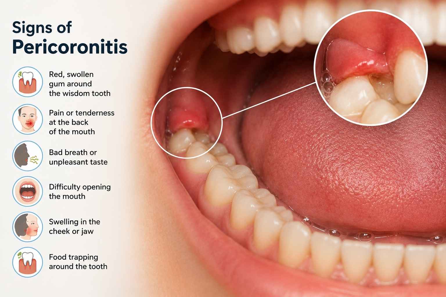 Signs of pericoronitis around a partially erupted wisdom tooth, including swollen gums, pain, bad breath, difficulty opening the mouth, jaw swelling, and food trapping.