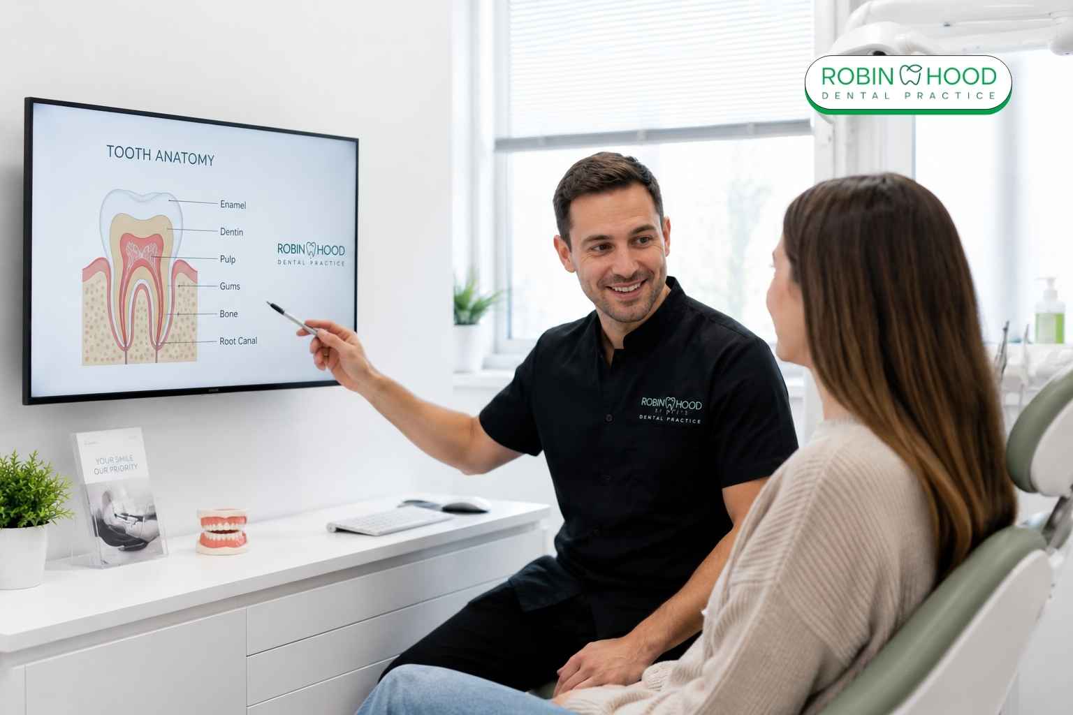 Dentist consulting with a patient during a dental examination